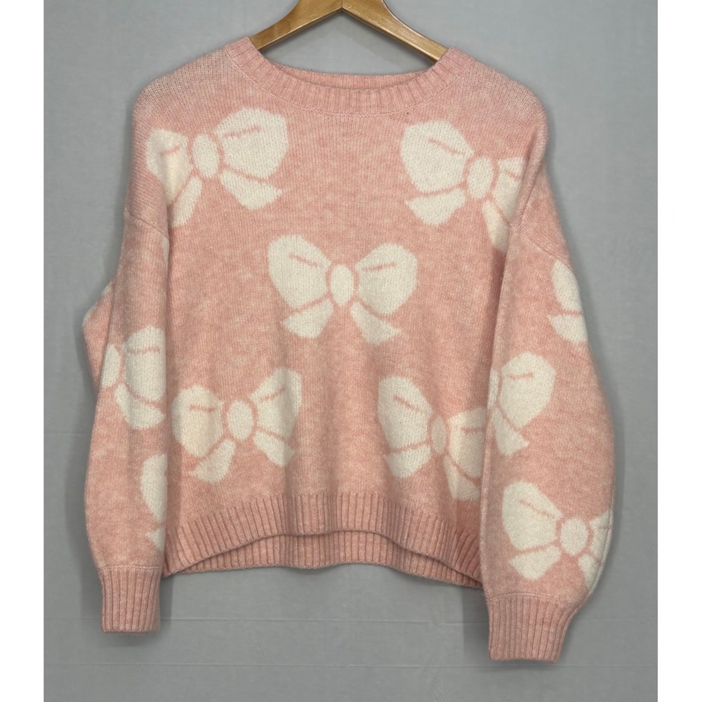 Jessica Simpson Sweater‎ Womens Pink White Bow Print Pullover Crew Neck Medium